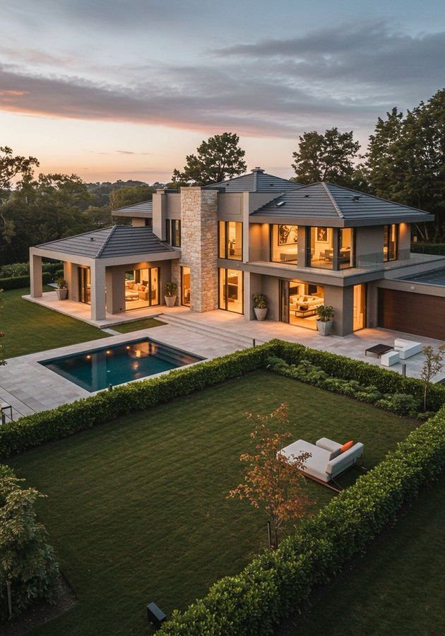 Villa front elevation with landscaped garden